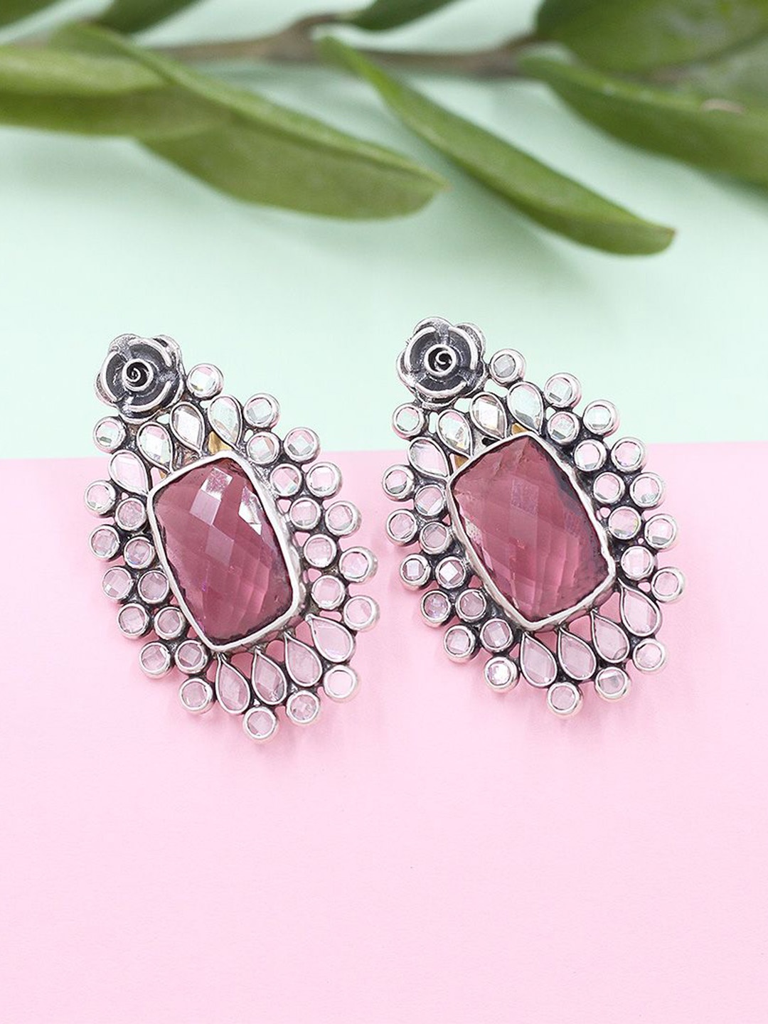 

SANGEETA BOOCHRA Silver Hydro Stones Studded Contemporary Drop Earrings