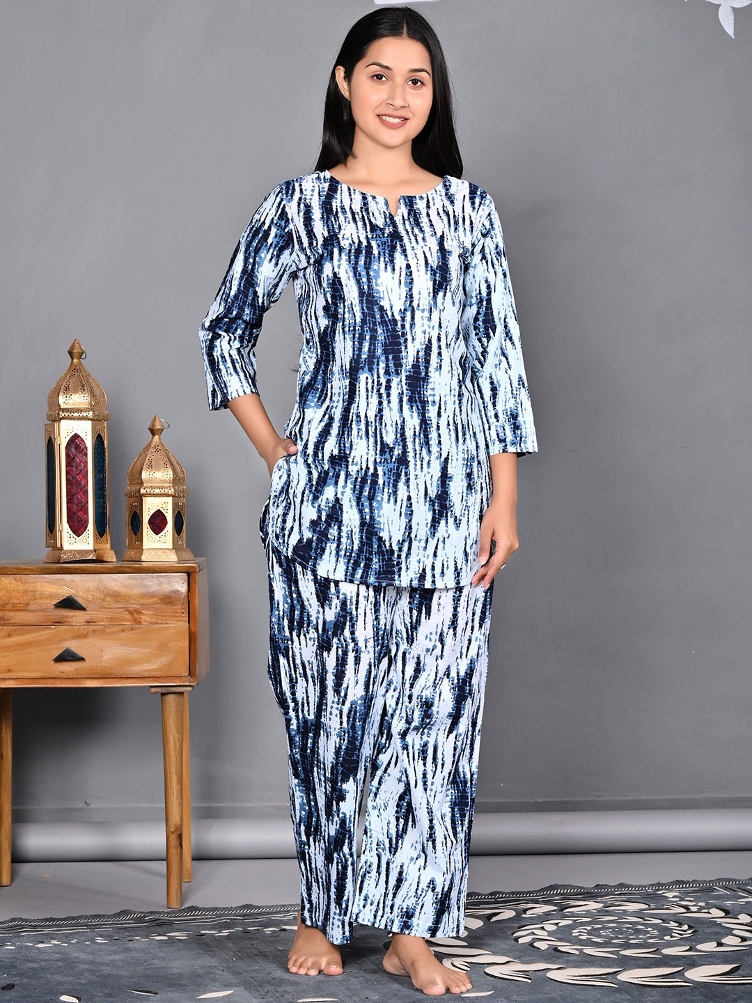 

Dreambe Women Printed Pure Cotton Night suit, Blue