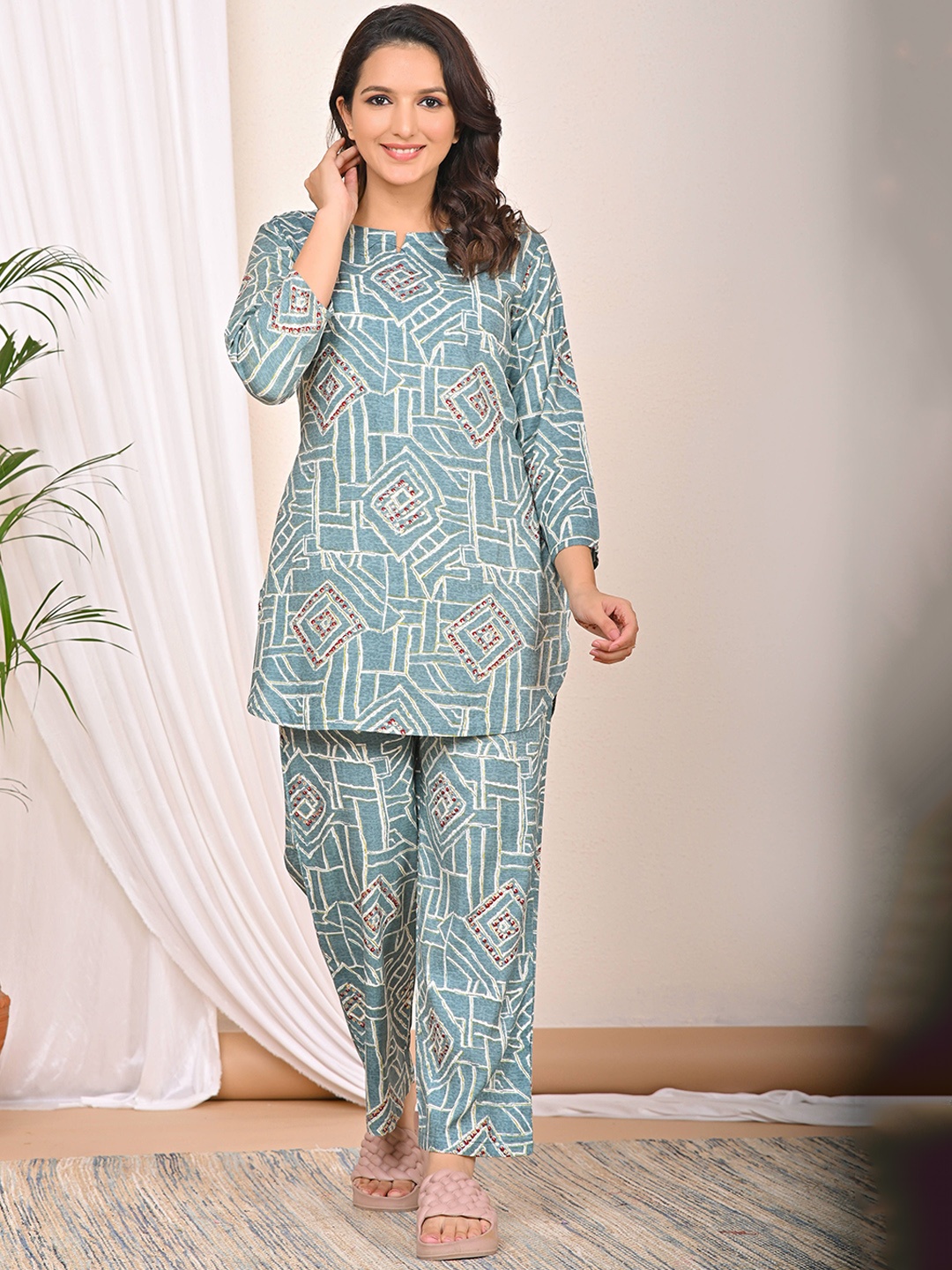 

Dreambe Women Pure Cotton Printed Night suit, Blue