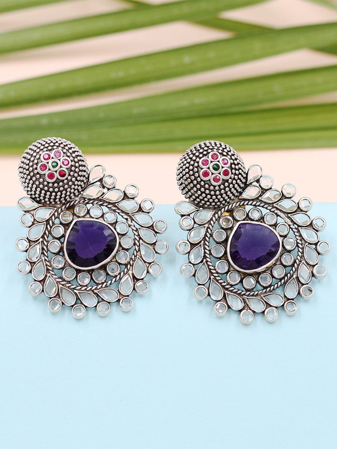 

SANGEETA BOOCHRA Silver Quartz Stones Studded Circular Drop Earrings