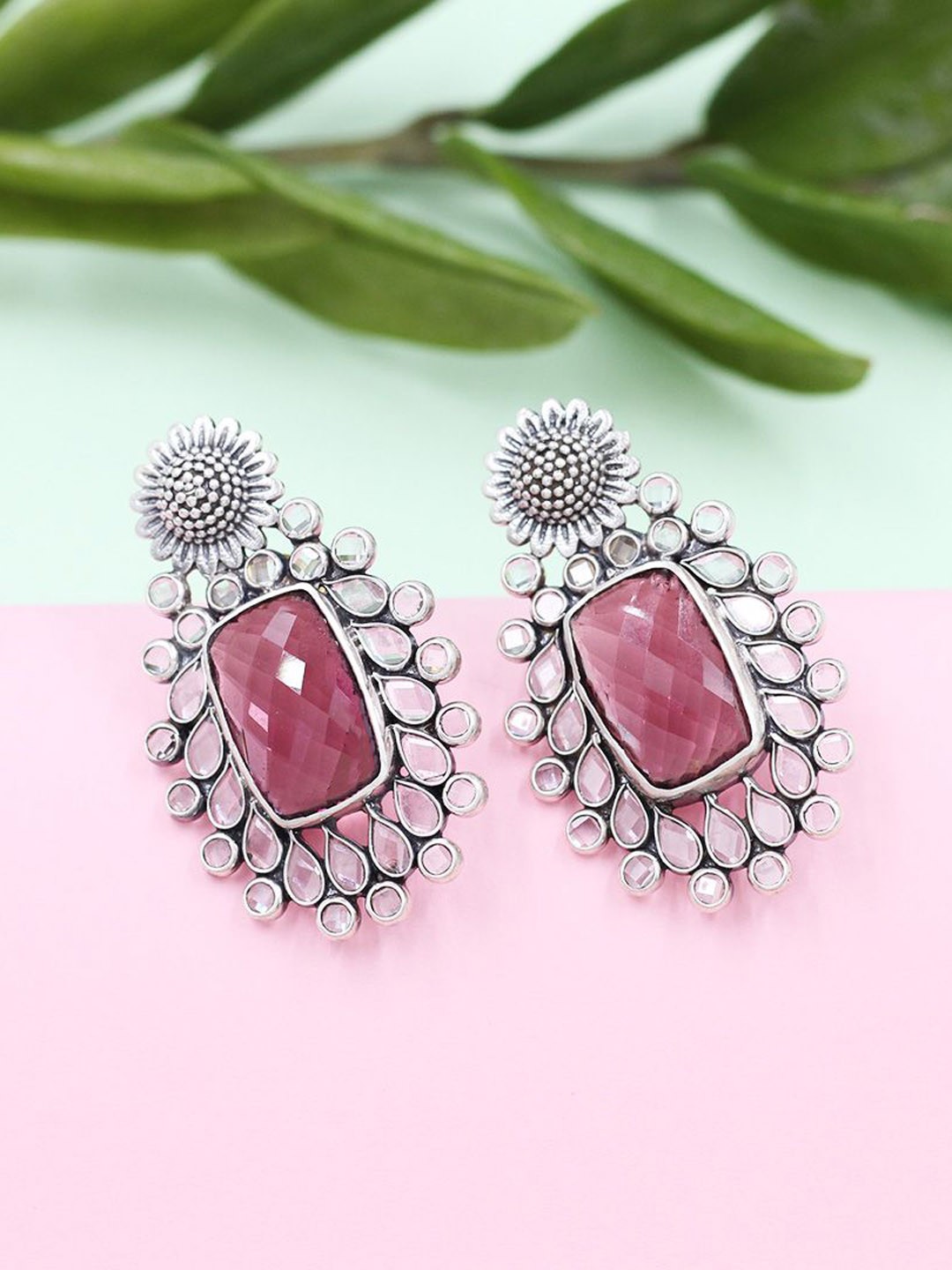 

SANGEETA BOOCHRA Silver Hydro Stones Studded Square Drop Earrings