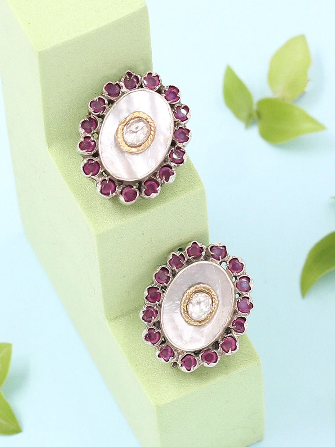 

SANGEETA BOOCHRA Silver Quartz Stones Studded Oval Studs