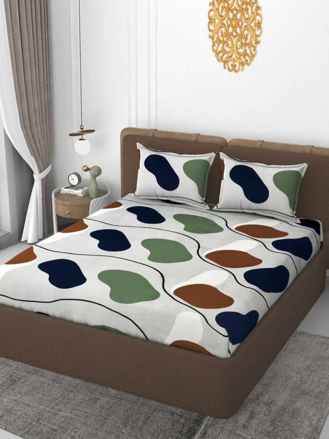 

VOMZER White & Green Geometric Woolen 350 TC Double King Bedsheet Set-2.54 m x 2.28 m