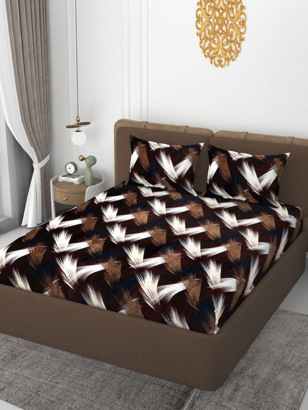 

VOMZER Brown & White Geometric Woolen 350 TC Double King Bedsheet Set-2.54 m x 2.28 m