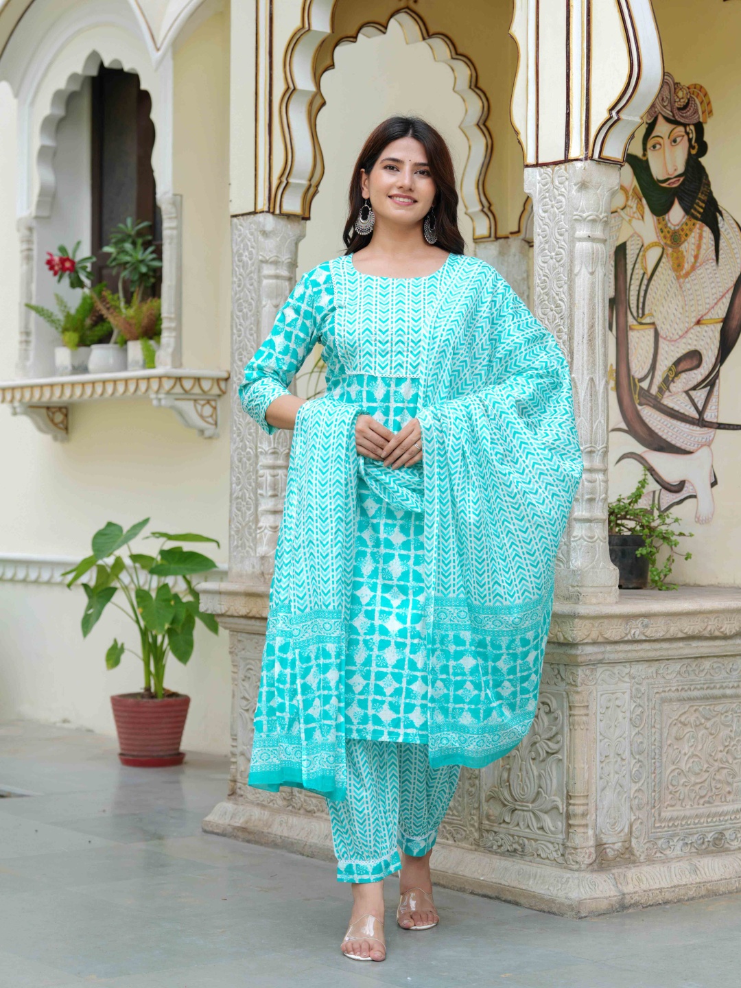 

Mishree Collection Geometric Printed Pure Cotton Straight Kurta With Salwar And Dupatta, Turquoise blue