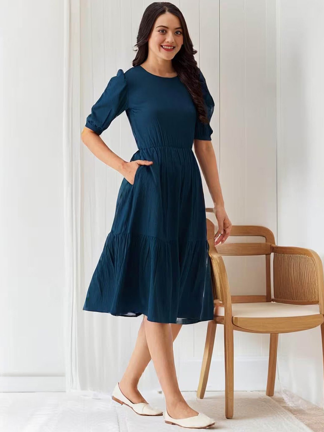 

Krunal Raiyani Round Neck Crepe Fit & Flare Dress, Blue