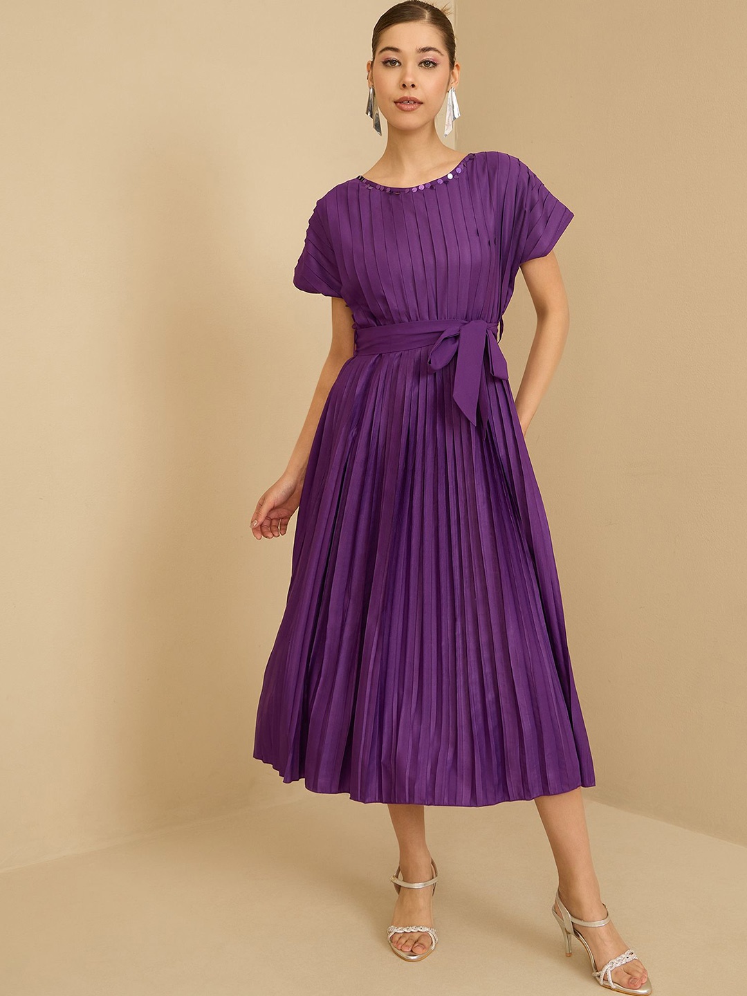 

Antheaa Women Pleated Fit & Flare Midi Dress With Belt, Purple