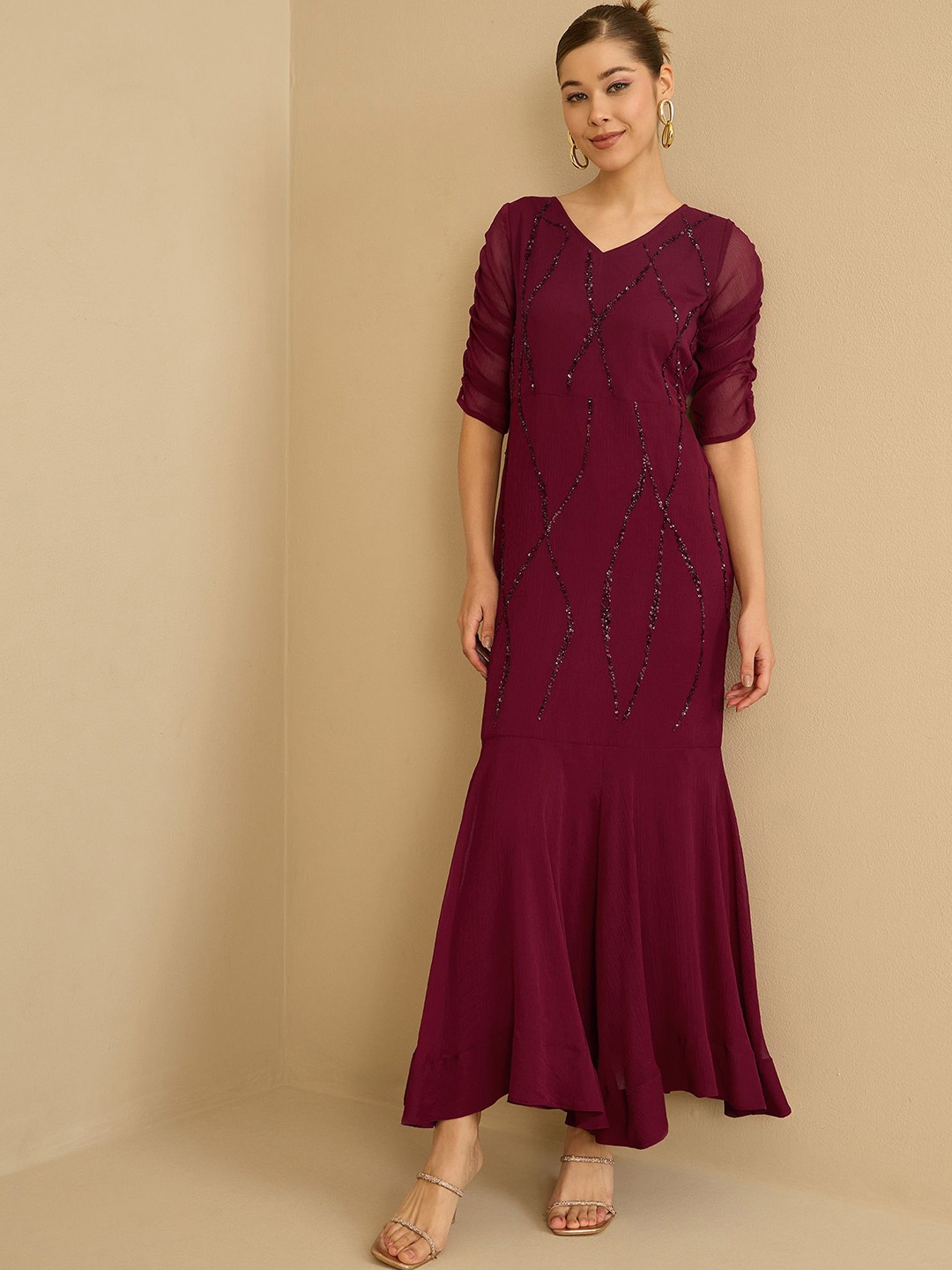 

Antheaa Chiffon Embellished Maxi Dress, Burgundy