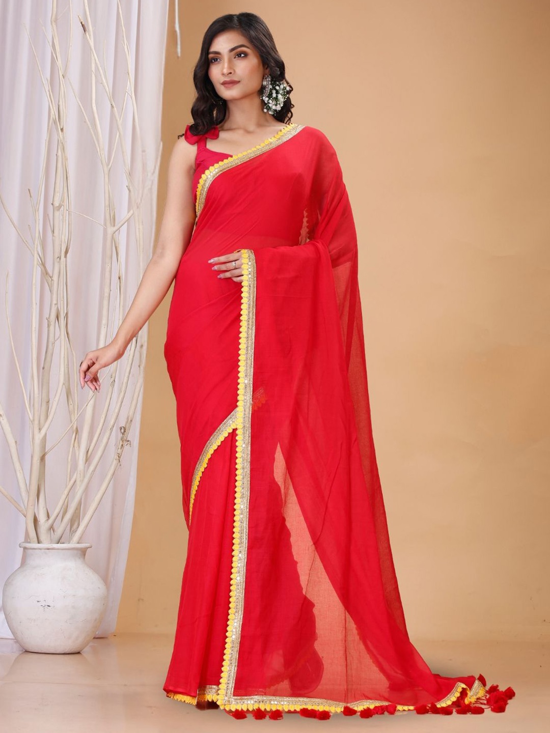 

T.J. SAREES Gotta Patti Detail Pure Cotton Saree, Red