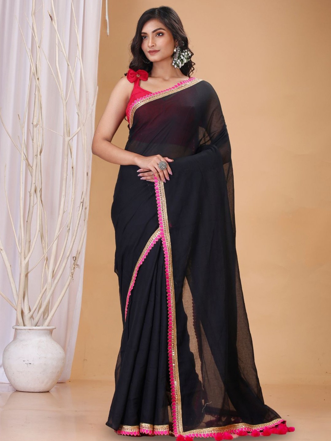 

T.J. SAREES Women Pure Cotton Designer Saree, Black