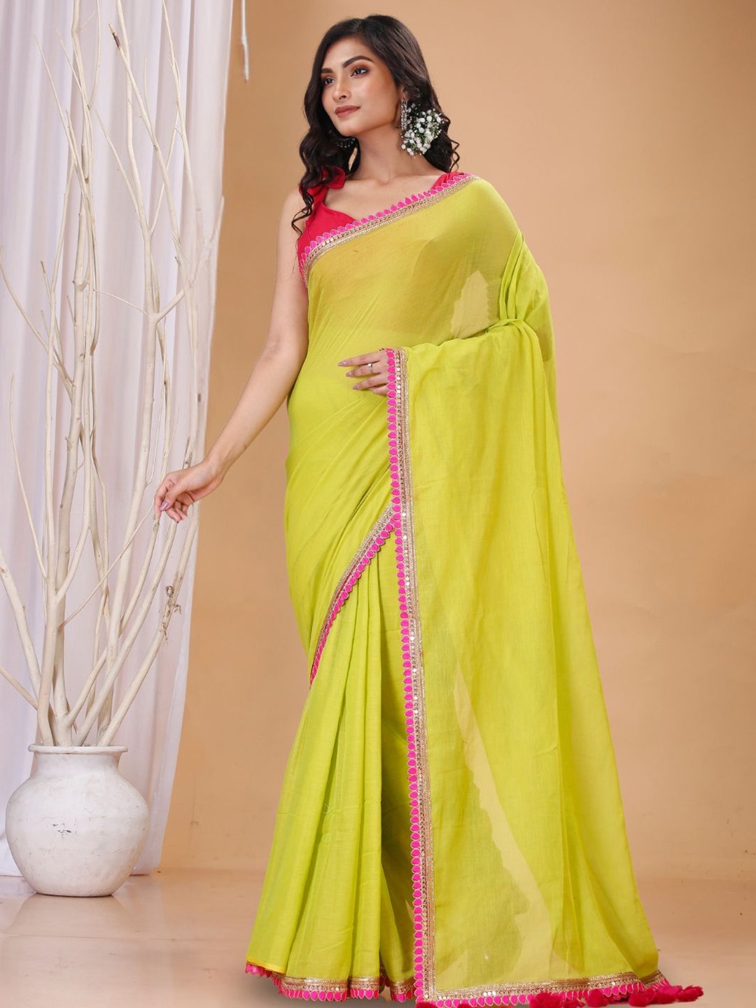 

T.J. SAREES Pure Cotton Designer Saree, Lime green