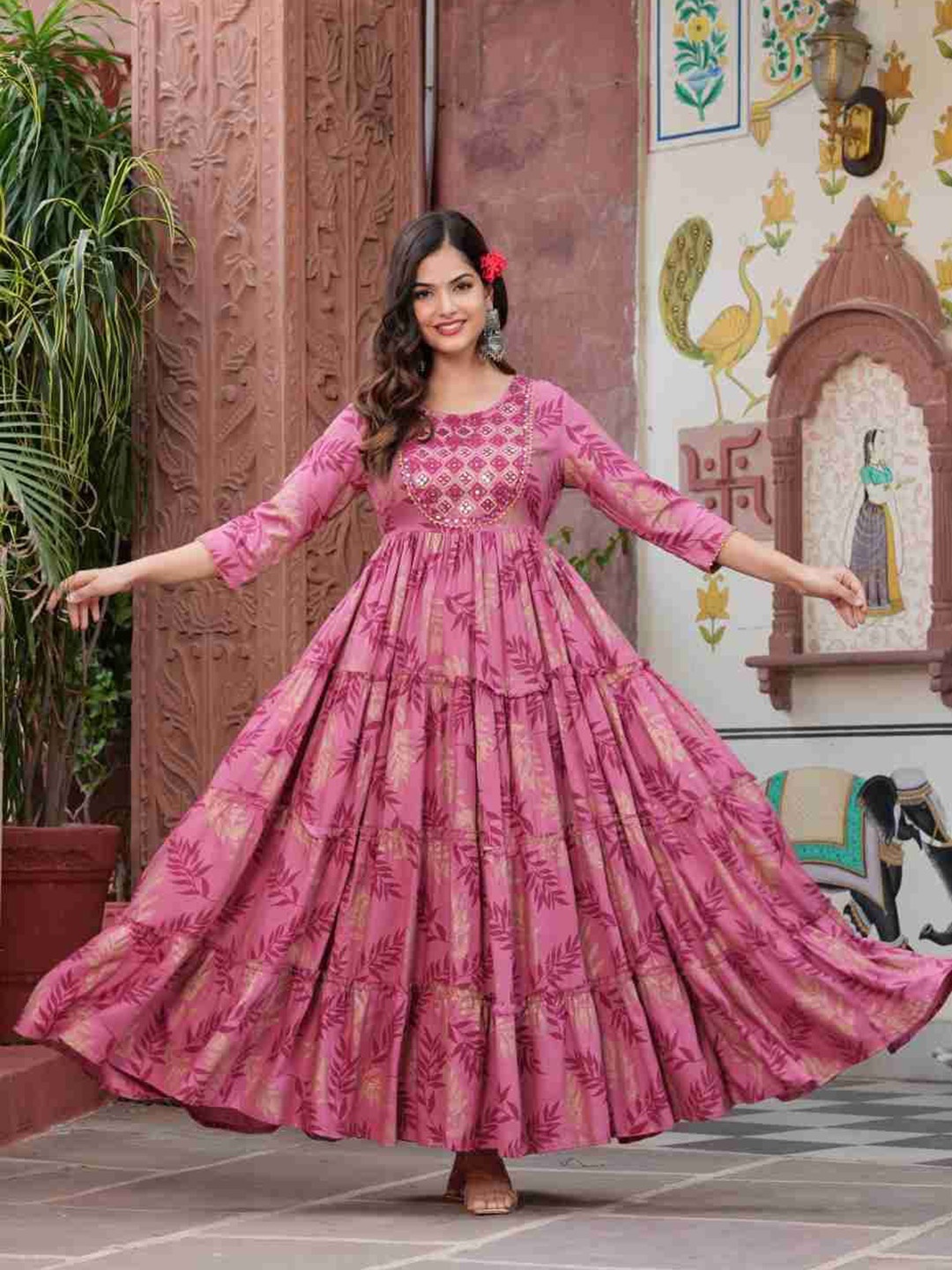 

JAYROSH Floral Printed Round Neck Mirror Work Anarkali Kurta, Pink