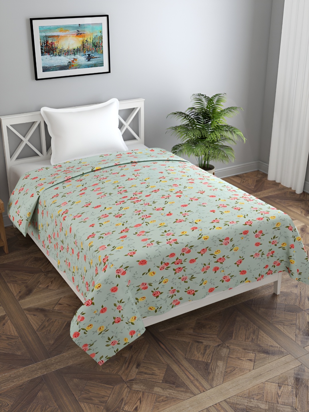 

MORADO Green and Pink Floral Printed Cotton Single Duvet Cover