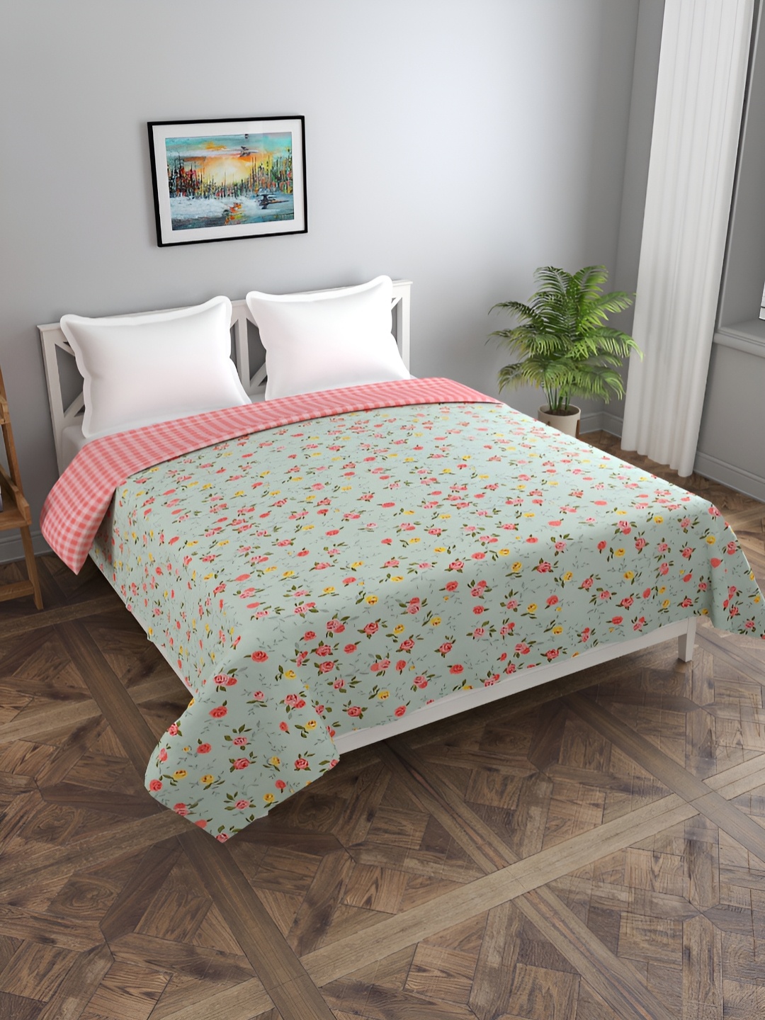 

MORADO Pink & Green Floral Printed Glace Cotton Reversible Double Duvet Cover