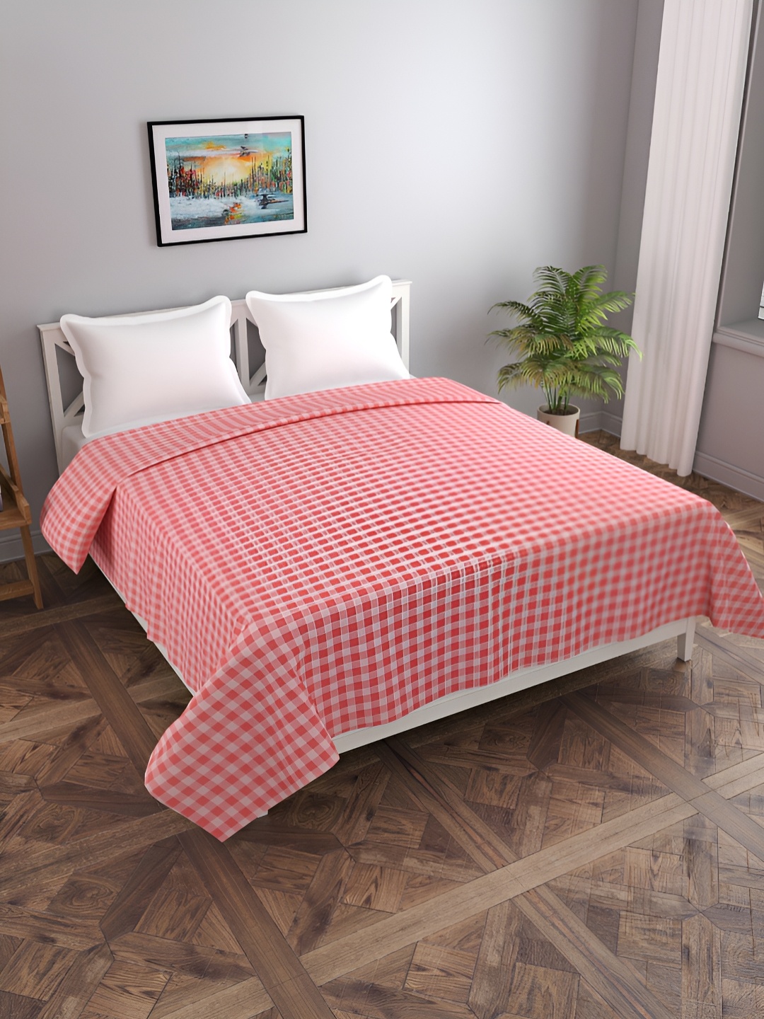 

MORADO Pink & White Checked Cotton Double Size Duvet Cover