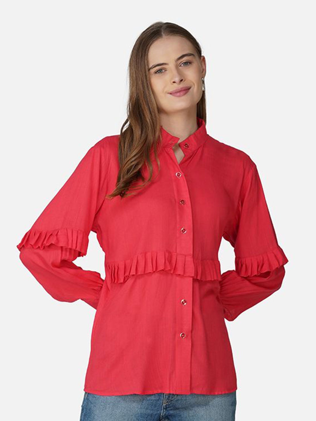 

Moda Rapido Mandarin Collar Shirt Style Top, Red