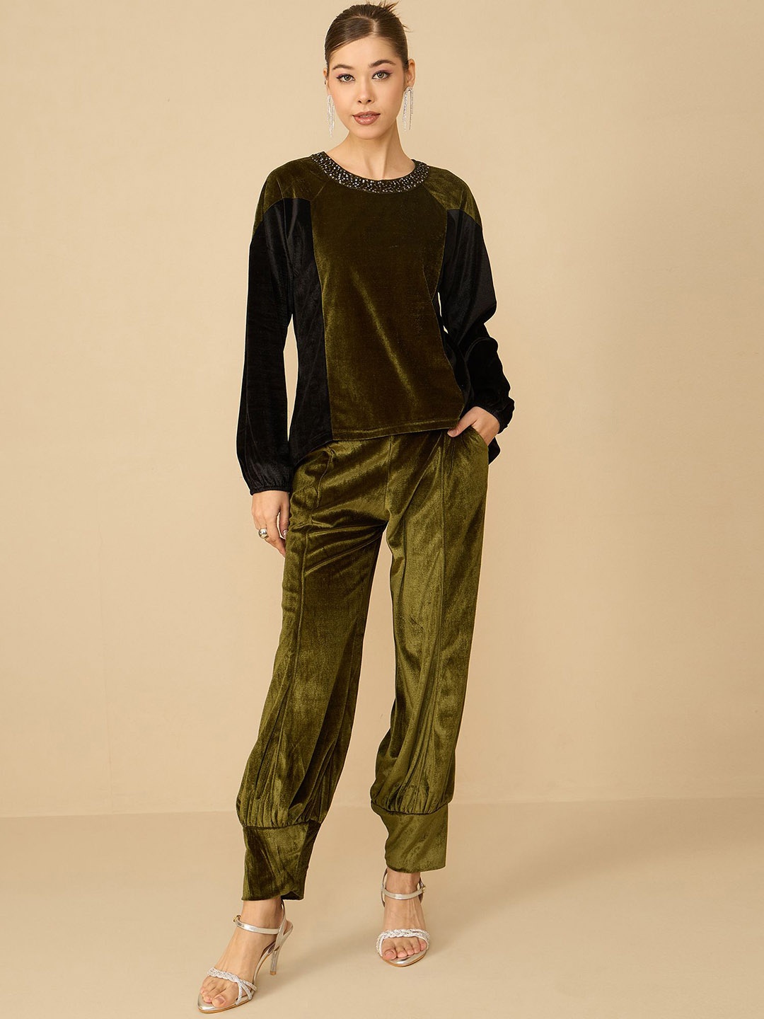 

Antheaa Olive Green Embellished Velvet Top With Trouser