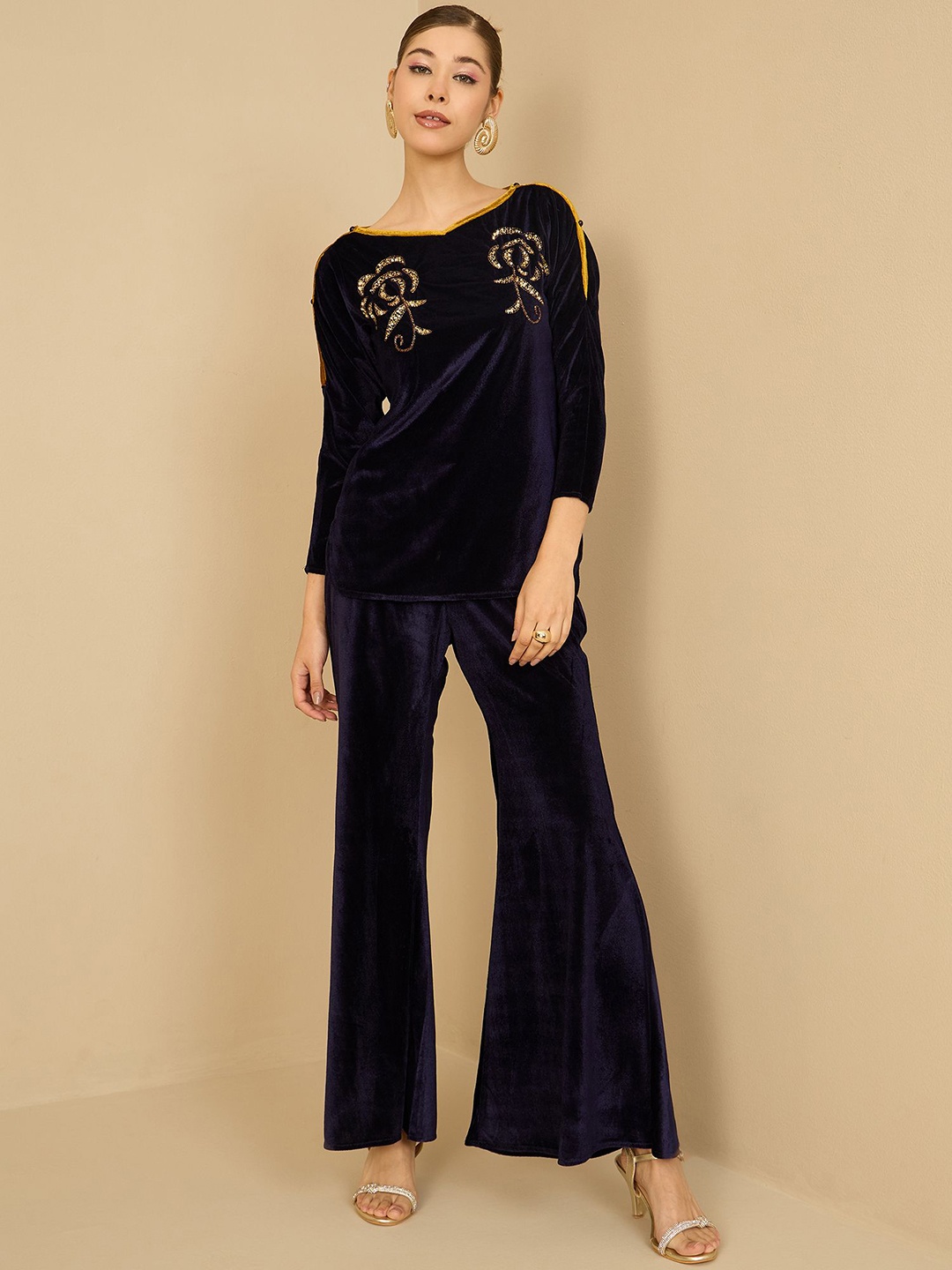 

Antheaa Navy Blue Embellished Velvet Top With Palazzo