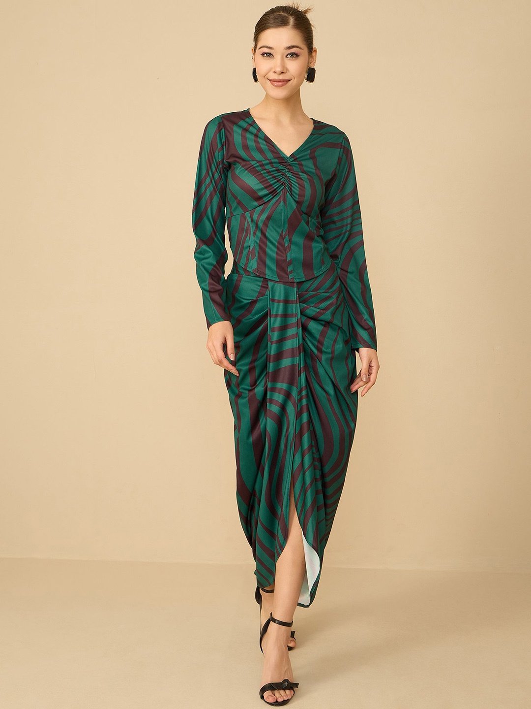 

Antheaa Green Printed V-Neck Top With Skirt