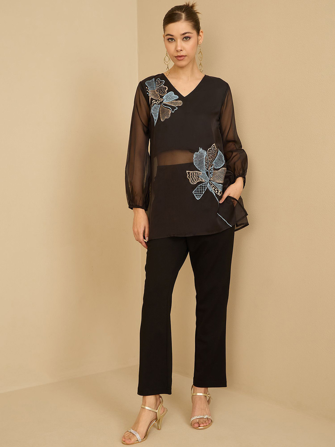 

Antheaa Black Embroidered Organza Tunic With Trousers