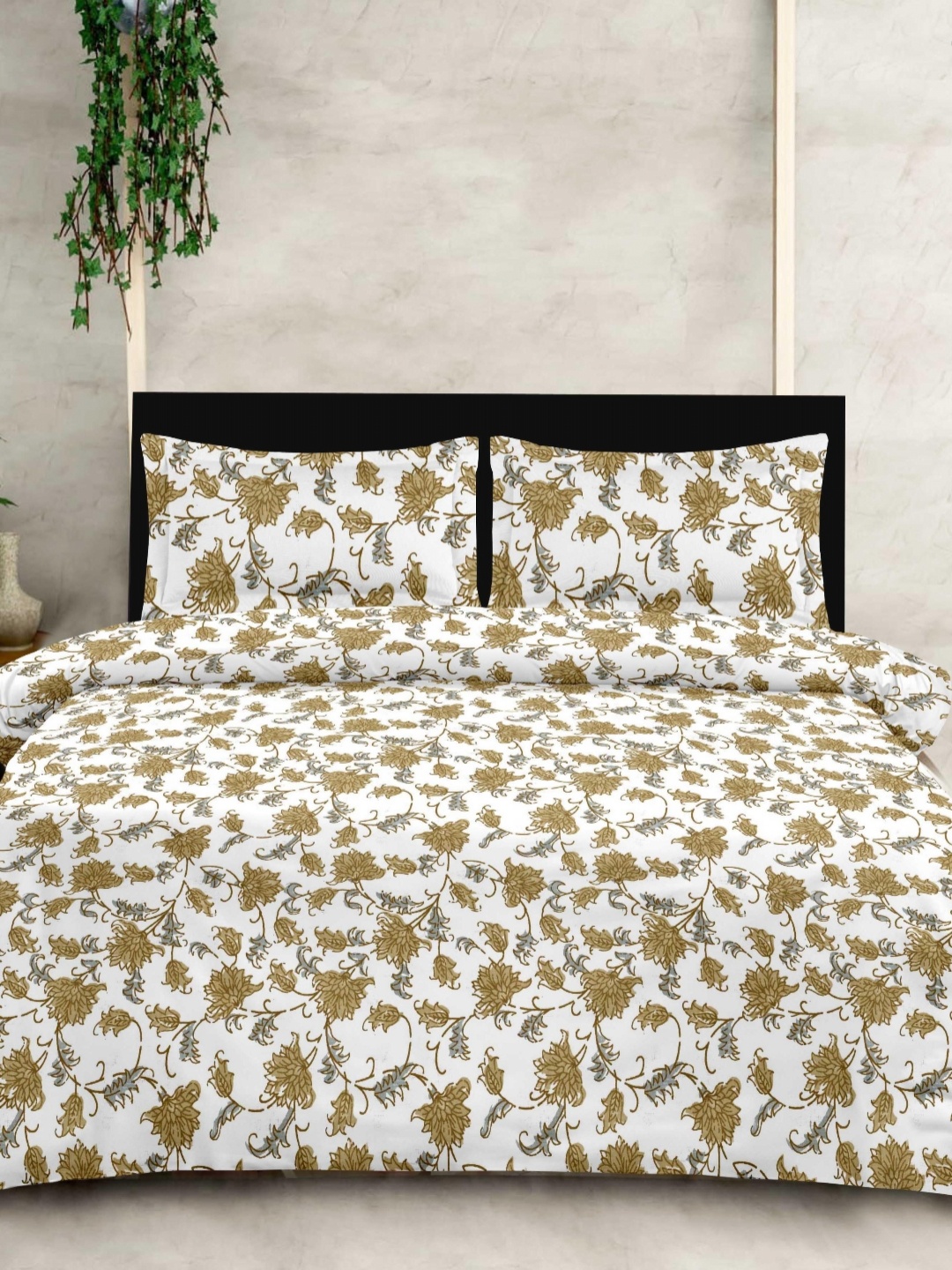 

Ariana White & Mustard Floral Printed 210 TC Cotton King Bedsheet Set 2.70 m x 2.70 m