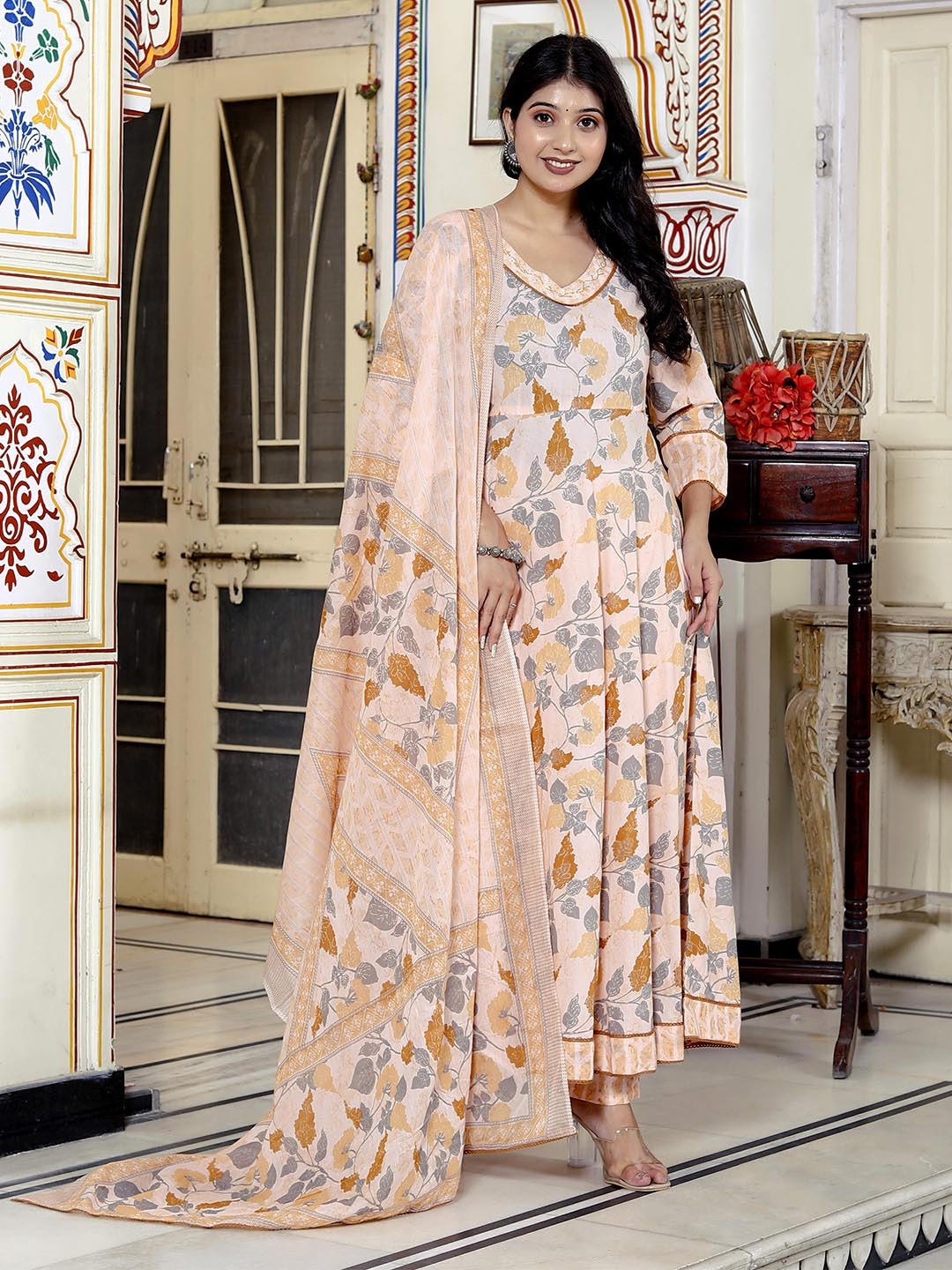 KALINI Floral Printed V-Neck Pure Cotton Kurta with Trouser And Dupatta, Peach