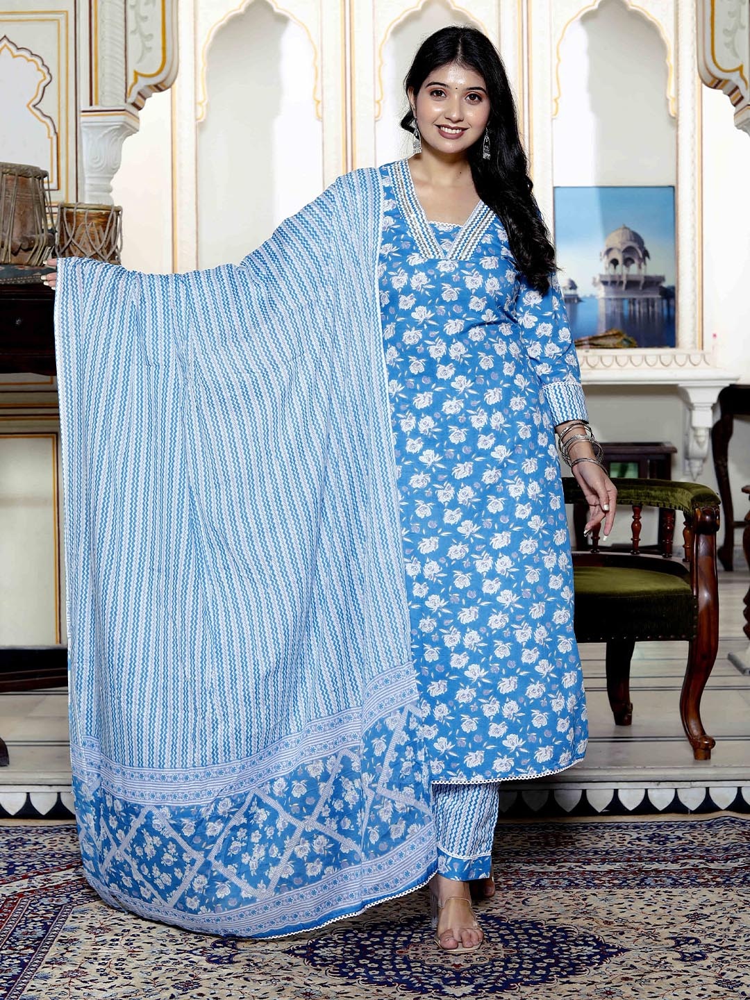

KALINI Floral Printed Gotta Patti Work V-Neck Pure Cotton Kurta with Trouser And Dupatta, Blue