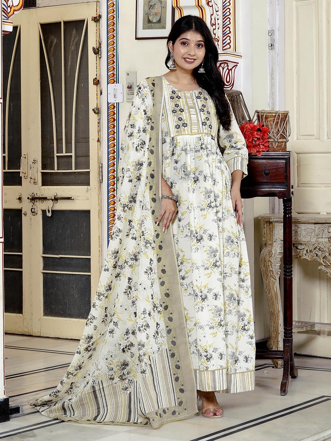 

KALINI Floral Printed Thread Work Pure Cotton Kurta with Trouser And Dupatta, White
