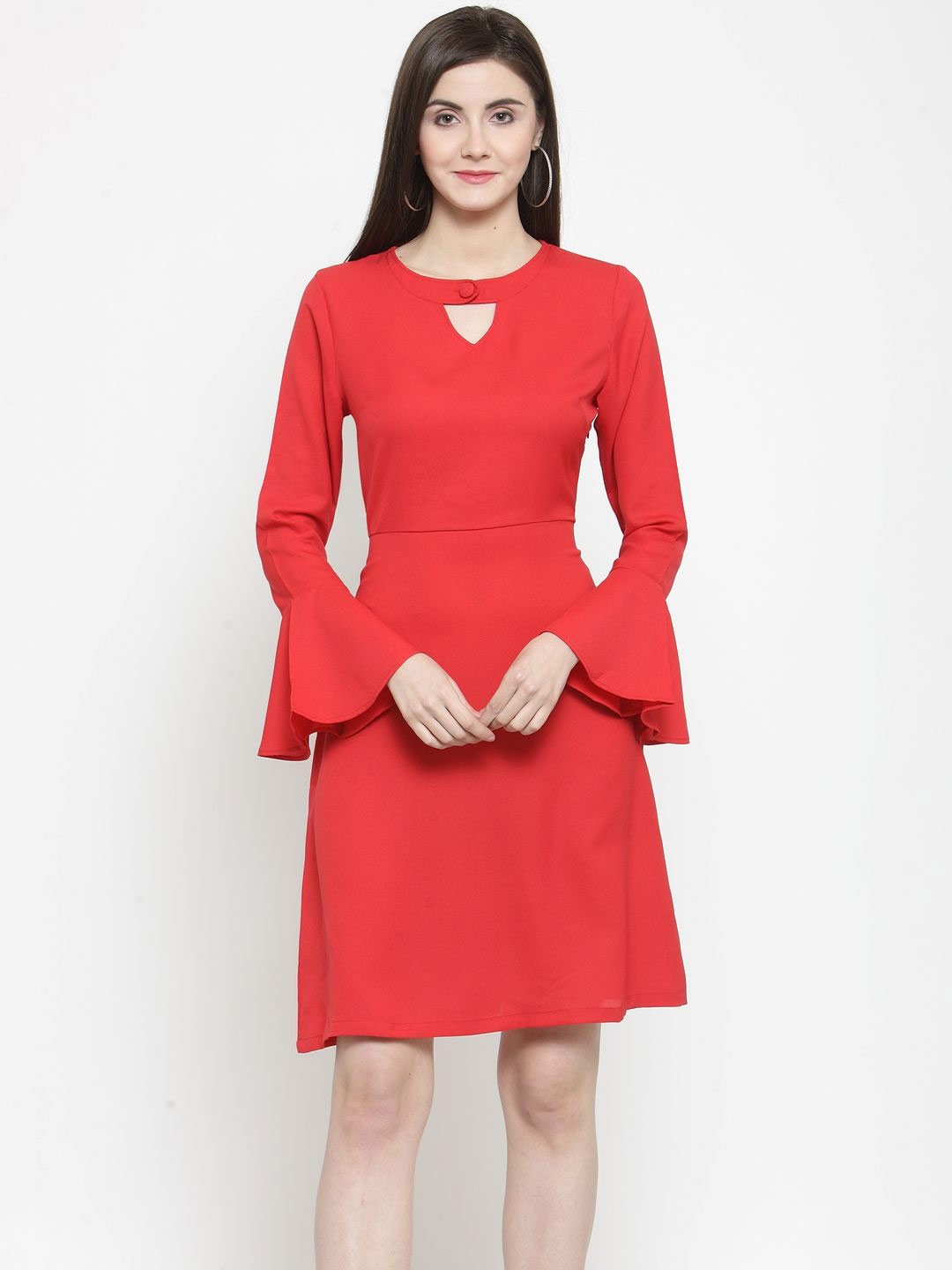

WESTCLO Women Keyhole Neck Bell Sleeve Fit & Flare Dress, Red