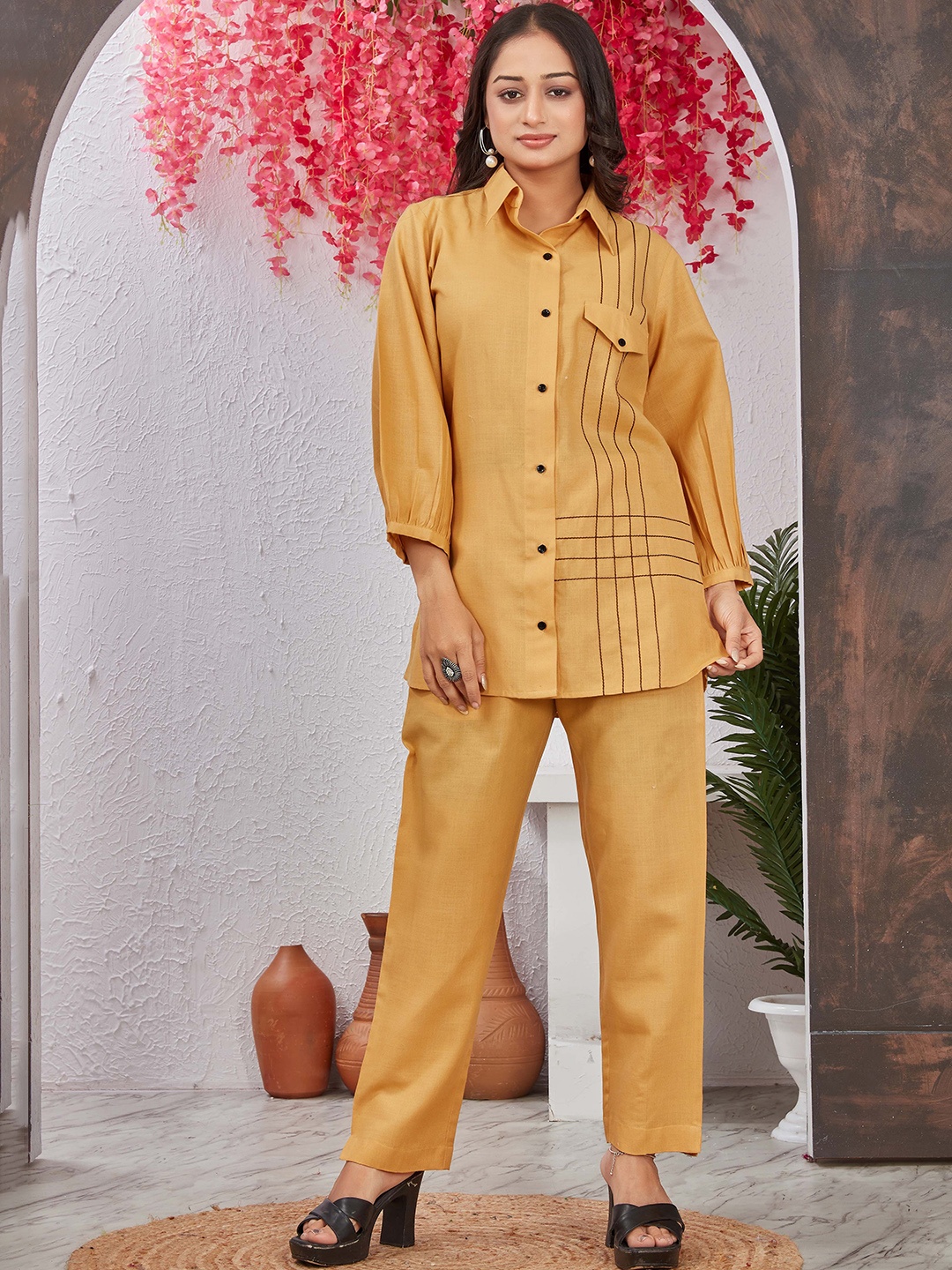 

TWINS LADY Striped Long Sleeves Shirt With Trouser, Yellow