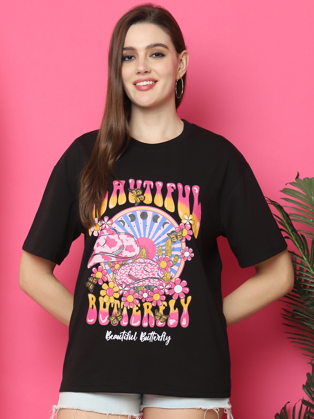 

Fabflee Women Graphic Printed Round Neck Cotton Oversized T-shirt, Black