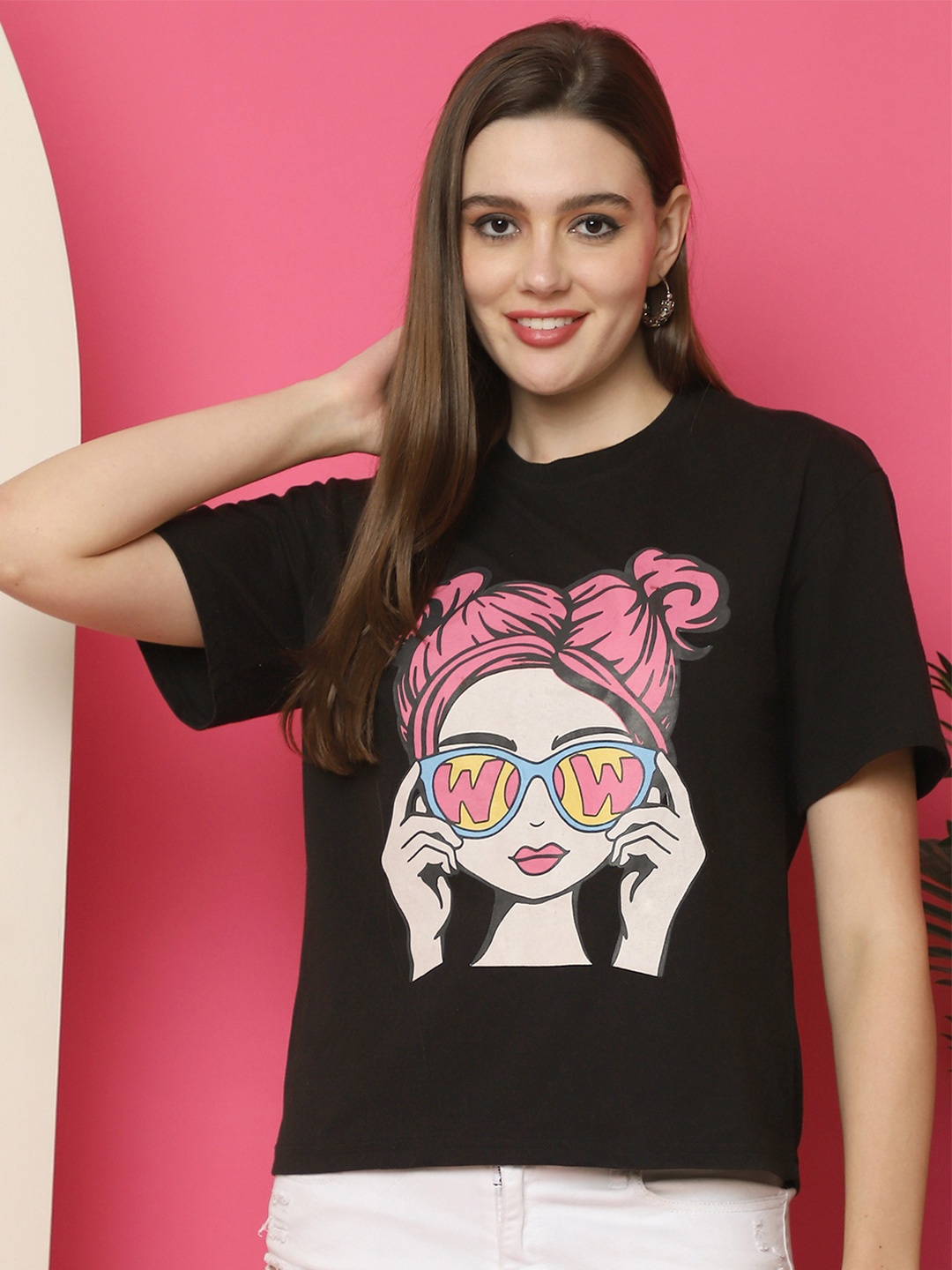 

Fabflee Women Graphic Printed Round Neck Cotton Oversized T-shirt, Black