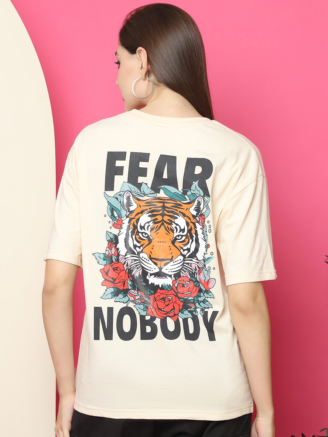 

Fabflee Women Graphic Printed Round Neck Cotton Oversized T-shirt, Beige