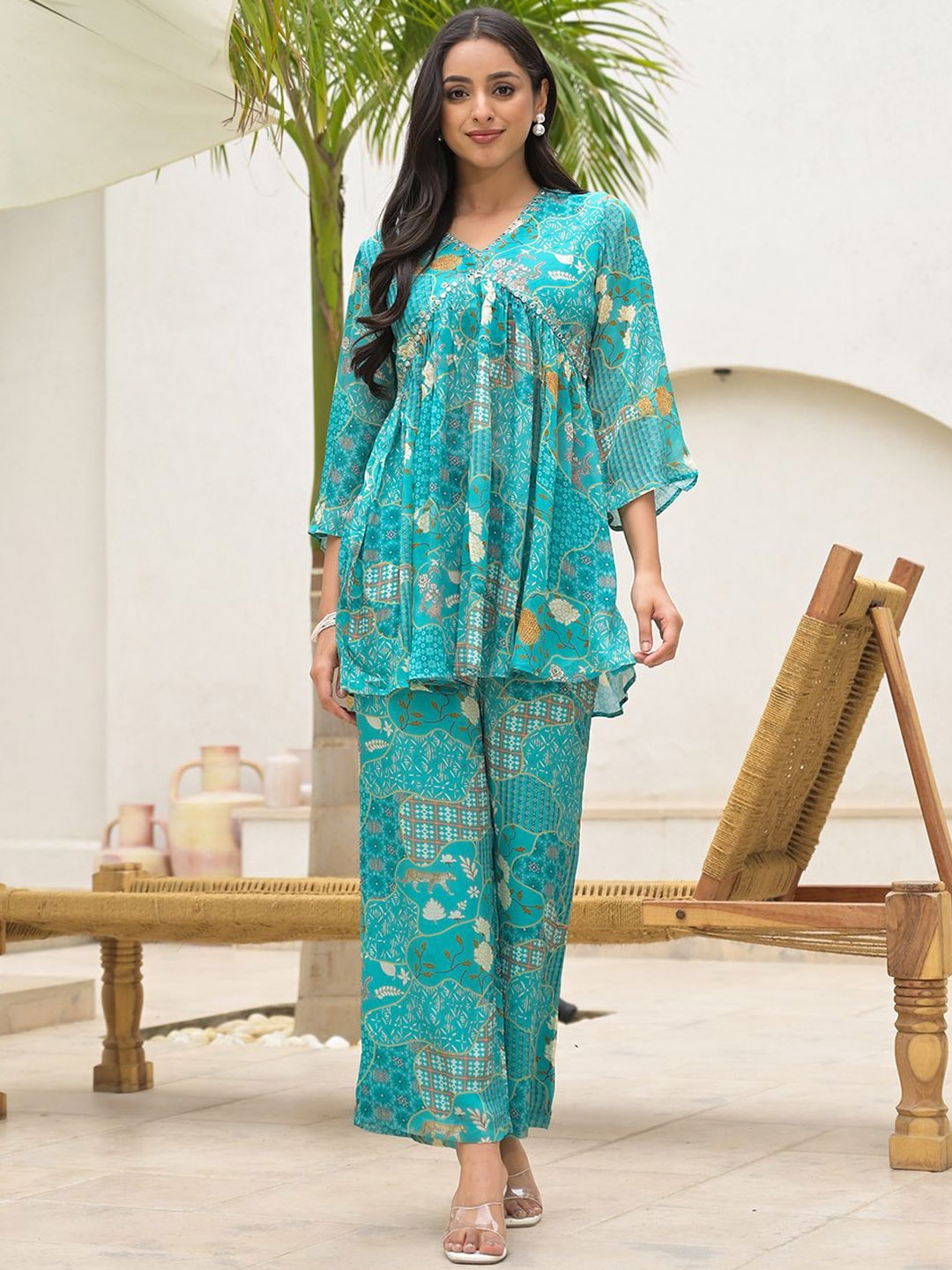 Kalini Printed V-Neck Tunic With Trouser, Turquoise blue