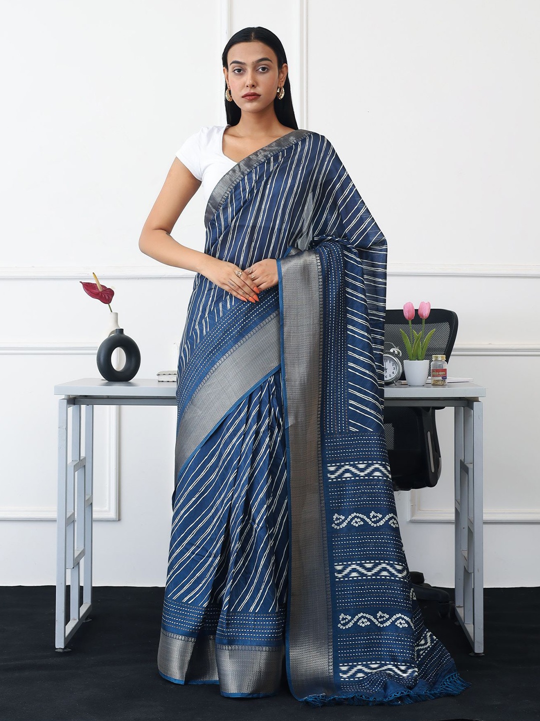 

Tikhi Imli Women Striped Ready to Wear Saree, Blue