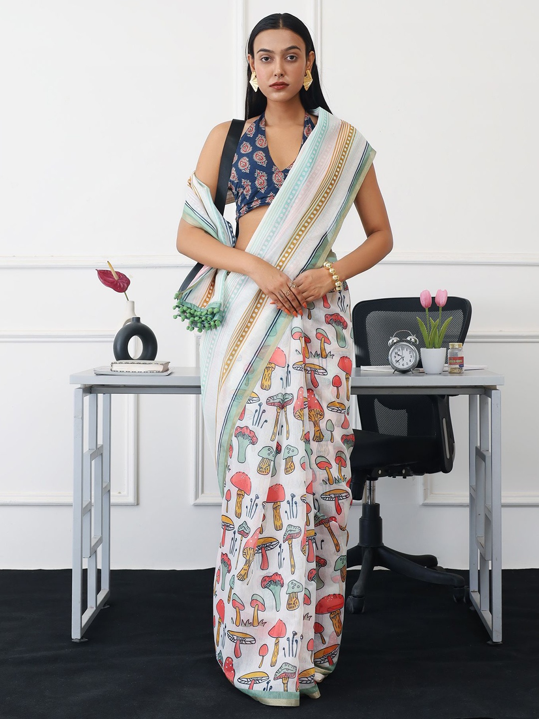 

Tikhi Imli Women Ready to Wear Saree With Pompom Lace, Off white