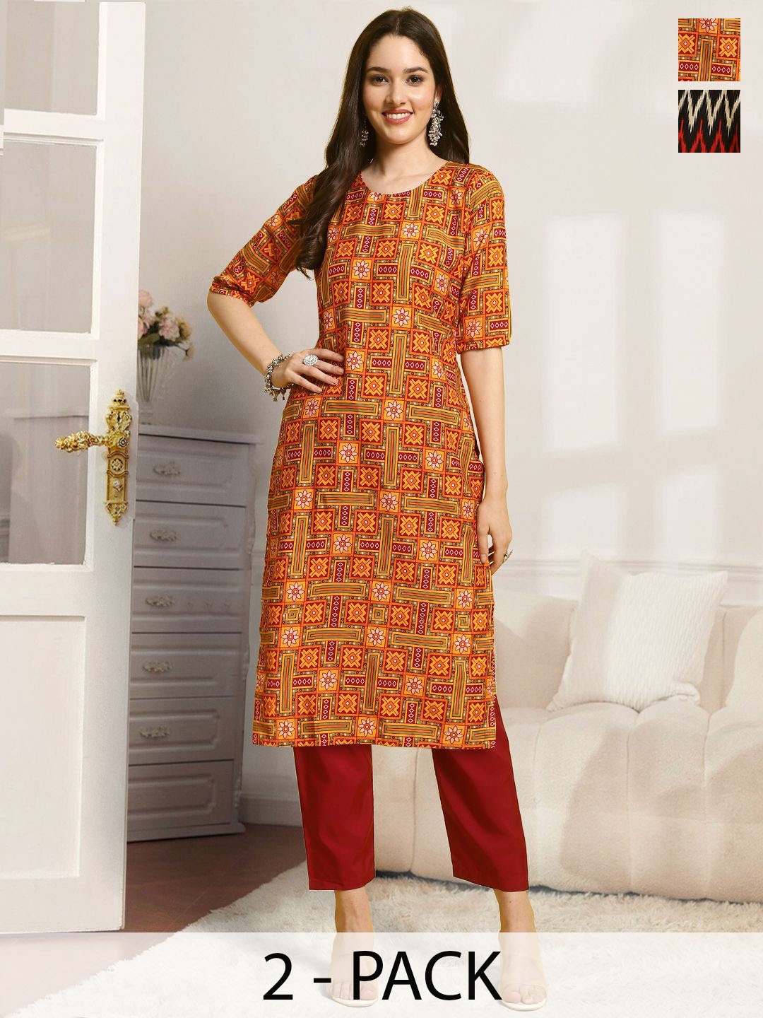 

7Threads Selection Of 2 Ethnic Motifs Printed Straight Kurta with Trousers, Orange