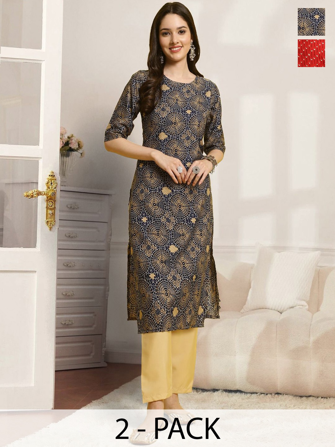 

7Threads Selection Of 2 Ethnic Motifs Printed Straight Kurtas With Trousers, Navy blue