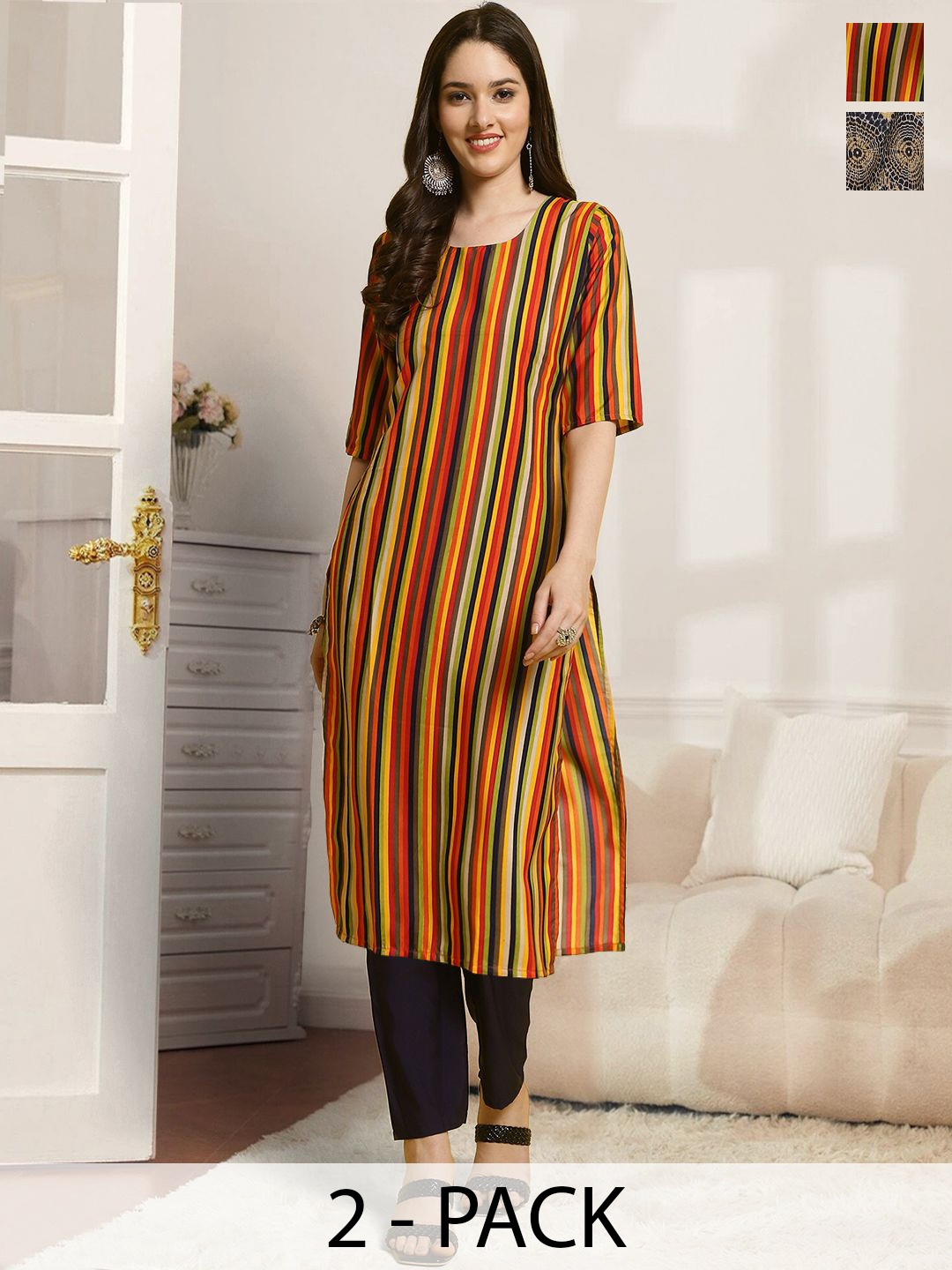 

7Threads Selection Of 2 Striped Round Neck Straight Kurta With Trousers, Red