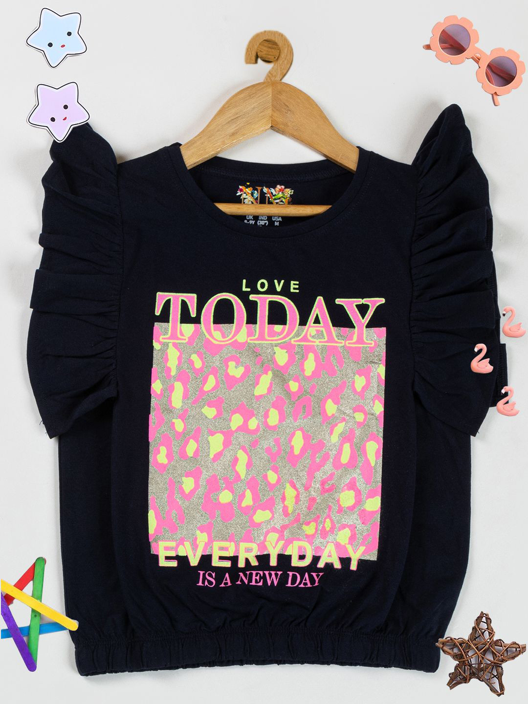 

PAMPOLINA Girls Graphic Printed Regular Top, Navy blue