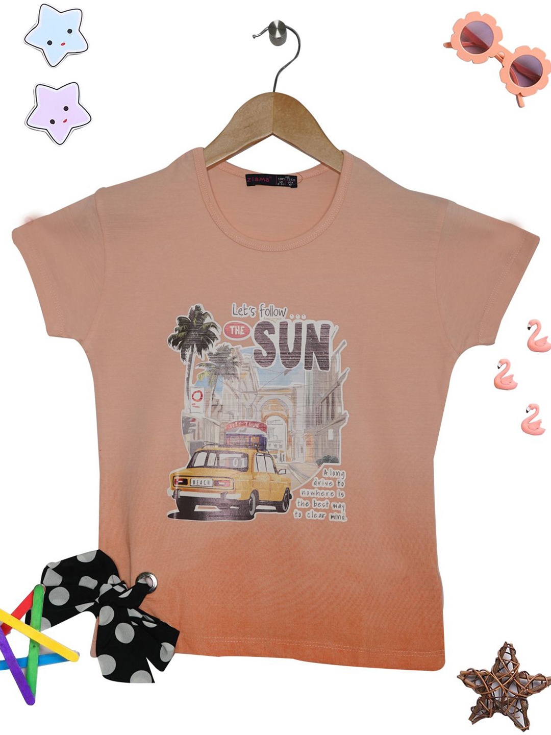 

PAMPOLINA Girls Graphic Printed Regular Fit Tshirts, Peach