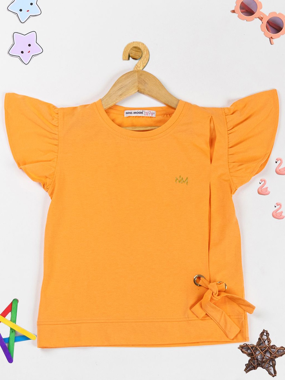

PAMPOLINA Girls Typography Printed Flutter Sleeves Top, Orange