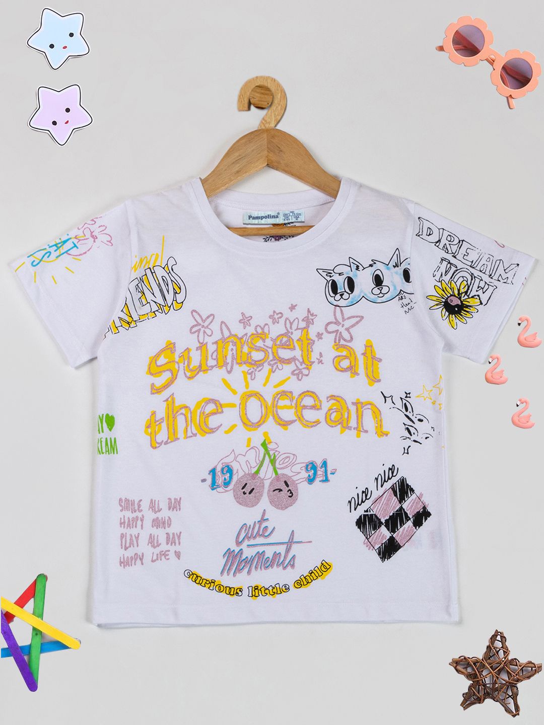 

PAMPOLINA Girls Cotton Typography Printed Top, White