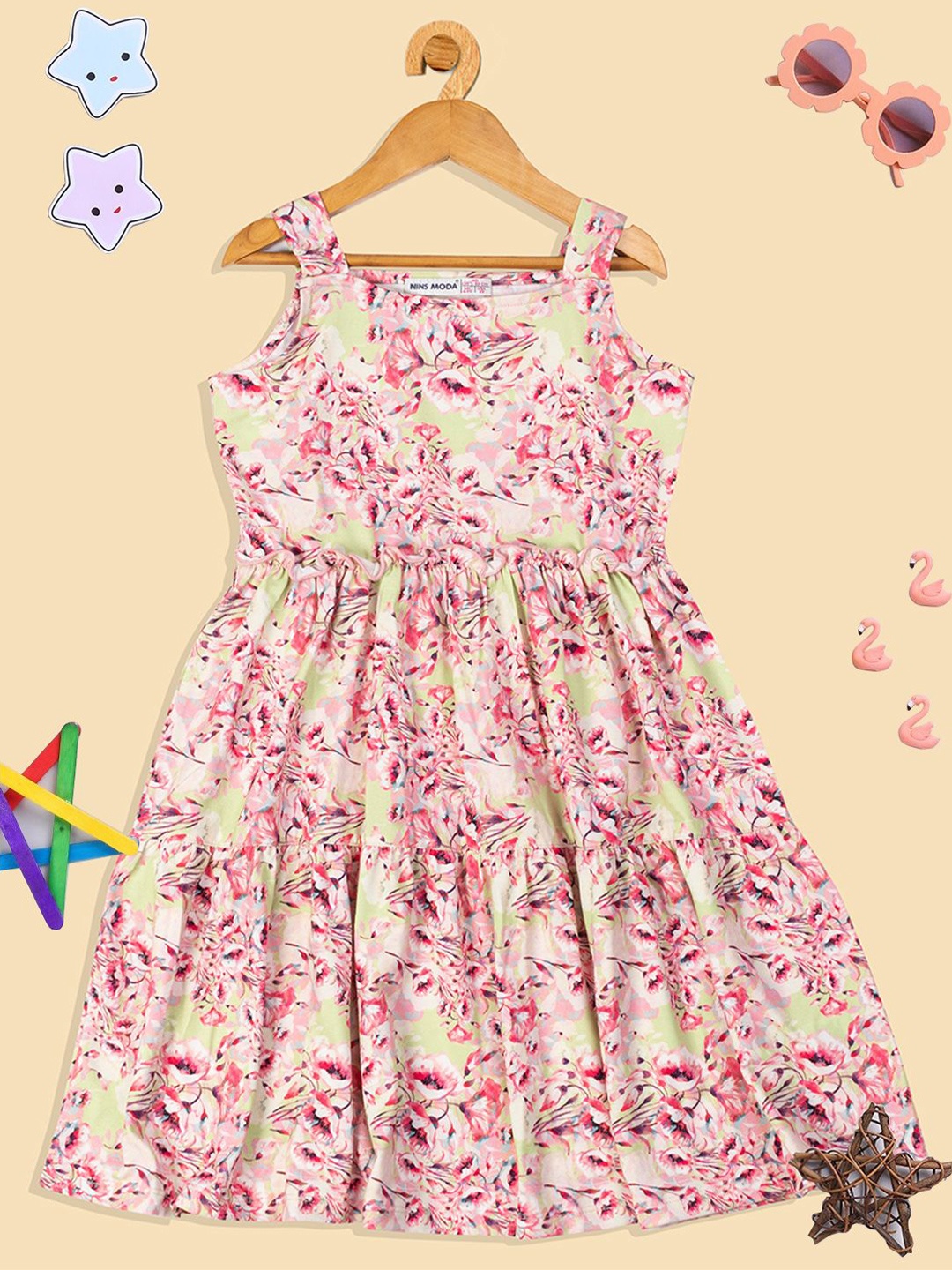 

PAMPOLINA Girls Floral Printed Fit and Flare Cotton Dress, Pink