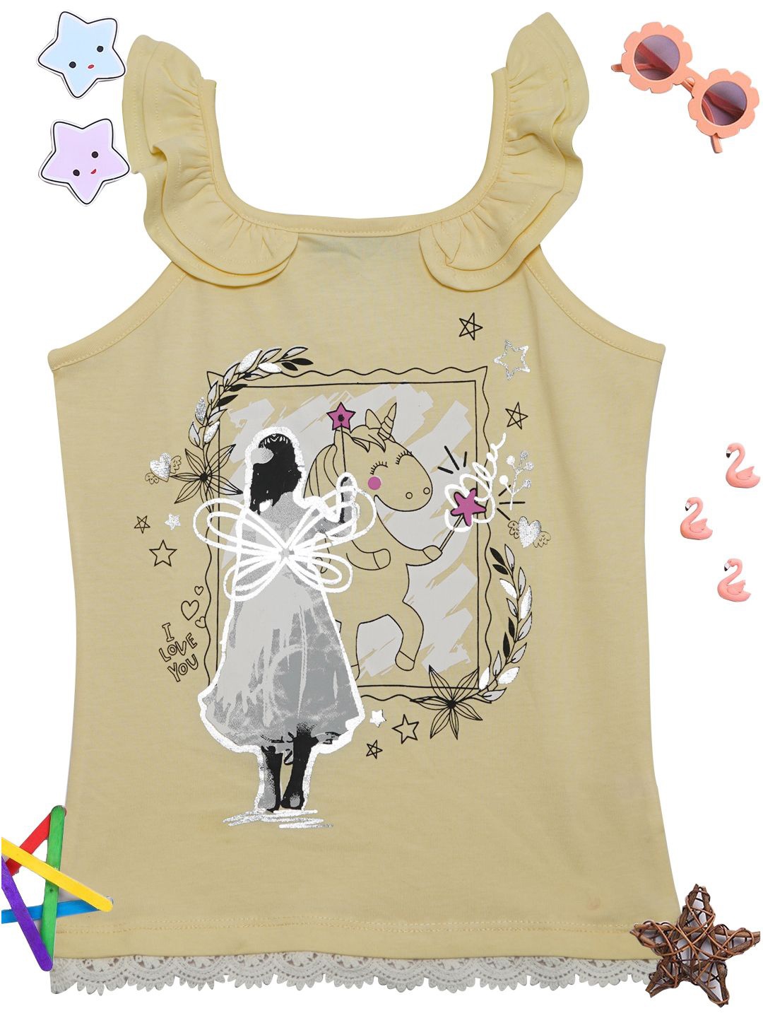 

PAMPOLINA Girls Graphic Printed Shoulder Straps Top, Yellow