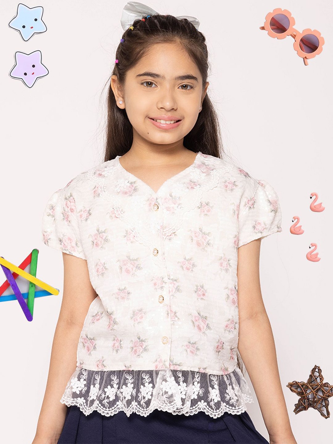 

PAMPOLINA Girls Round Neck Printed Top, Peach
