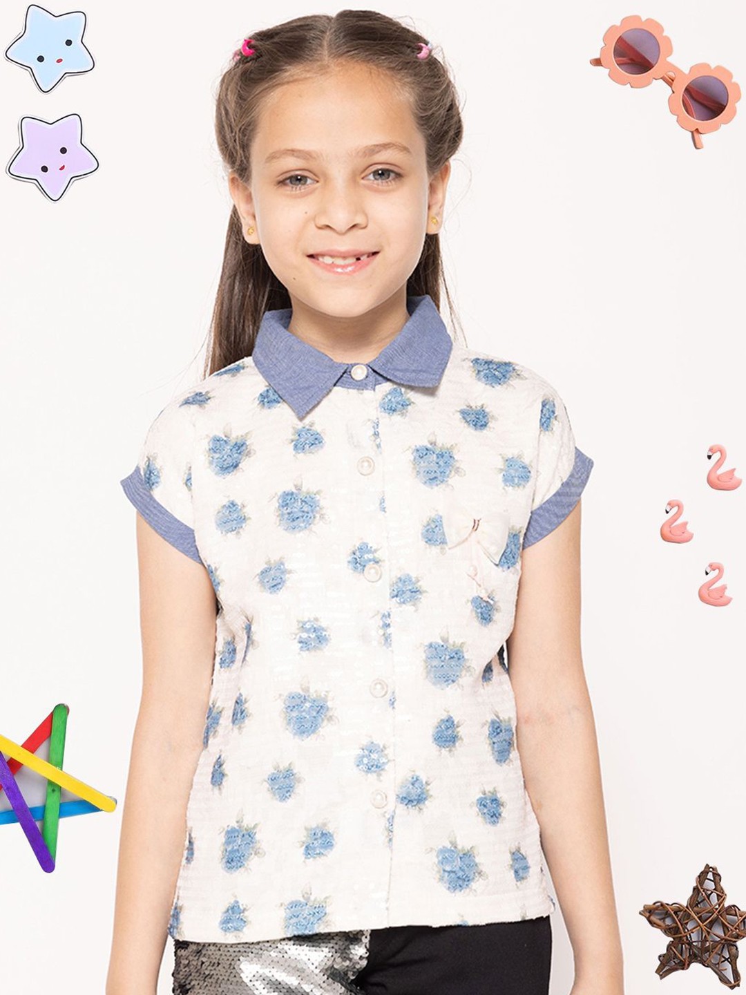 

PAMPOLINA Girls Floral Printed Top, Blue