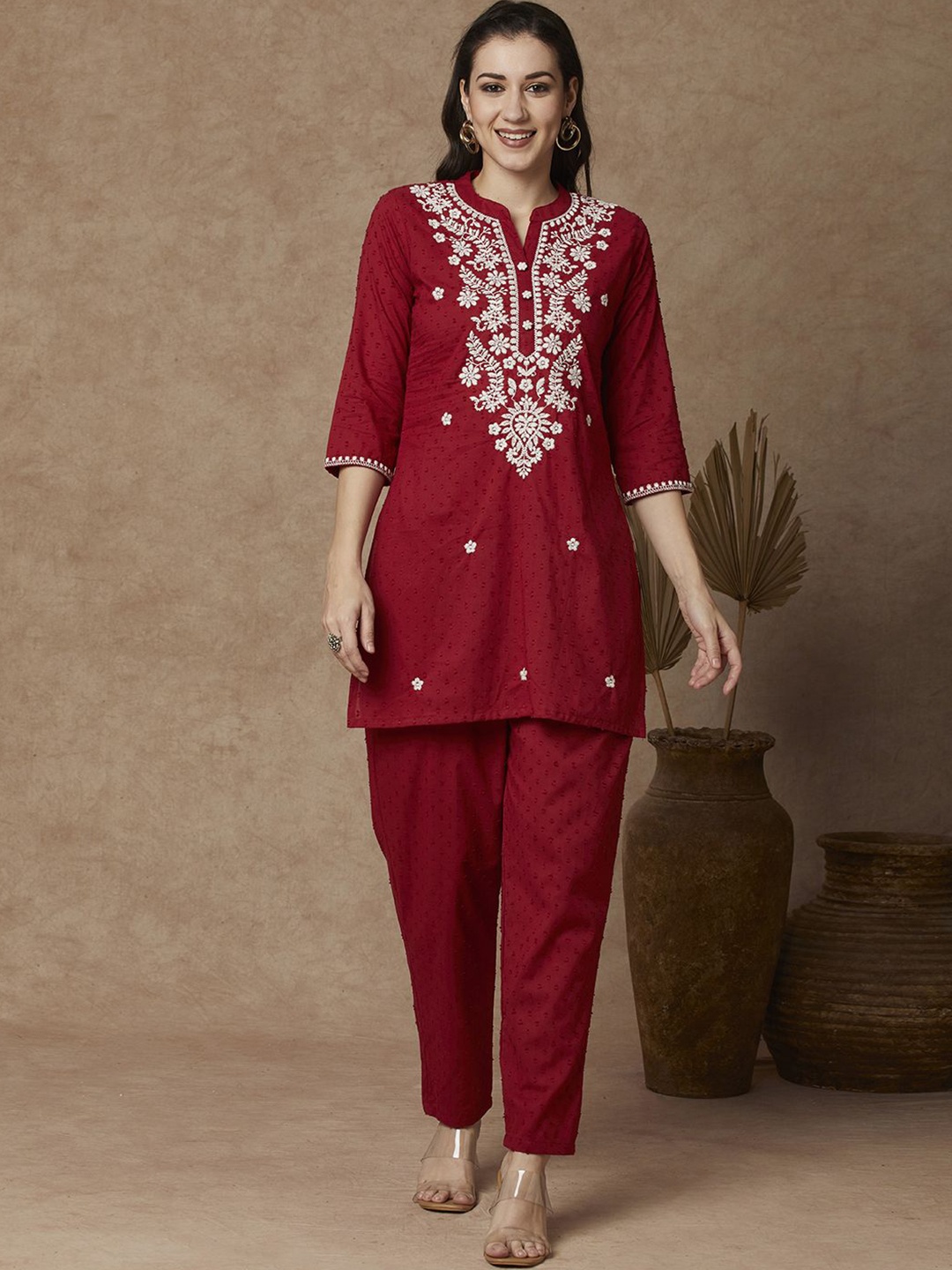 

FASHOR Red Chikankari Embroidered Pure Cotton Tunic & Trousers