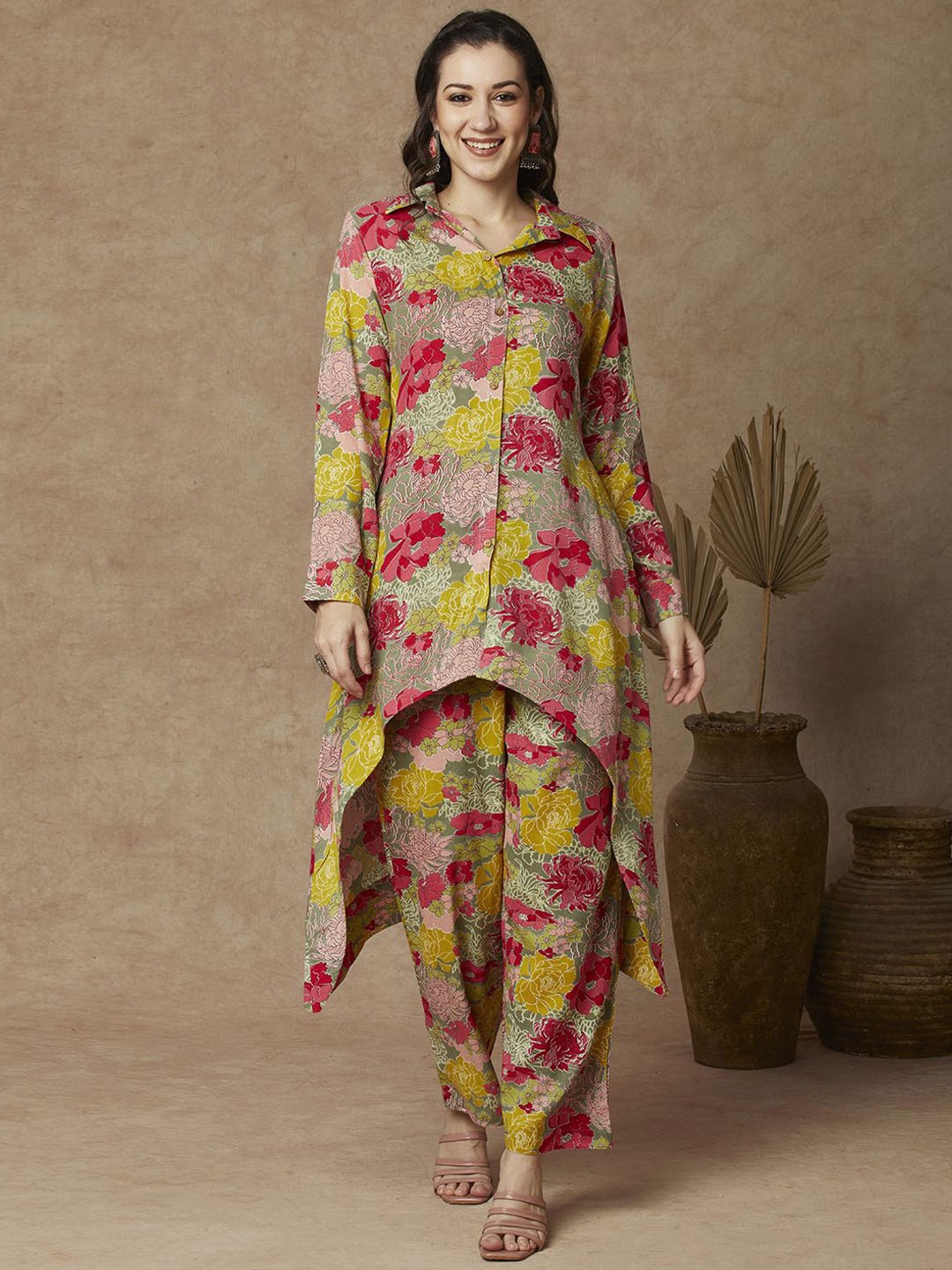 

FASHOR Green Floral Printed A-Line Tunic & Trousers