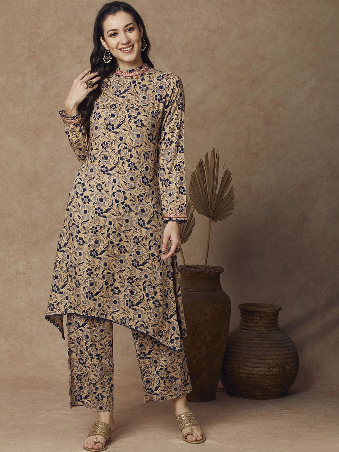 

FASHOR Brown and Blue Floral Printed A-Line Tunic With Palazzo
